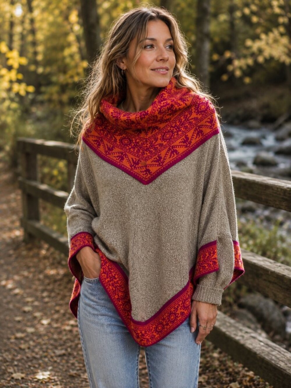 Peruvian Alpaca Poncho Sweater – Cowl Neck – Geometric Trim